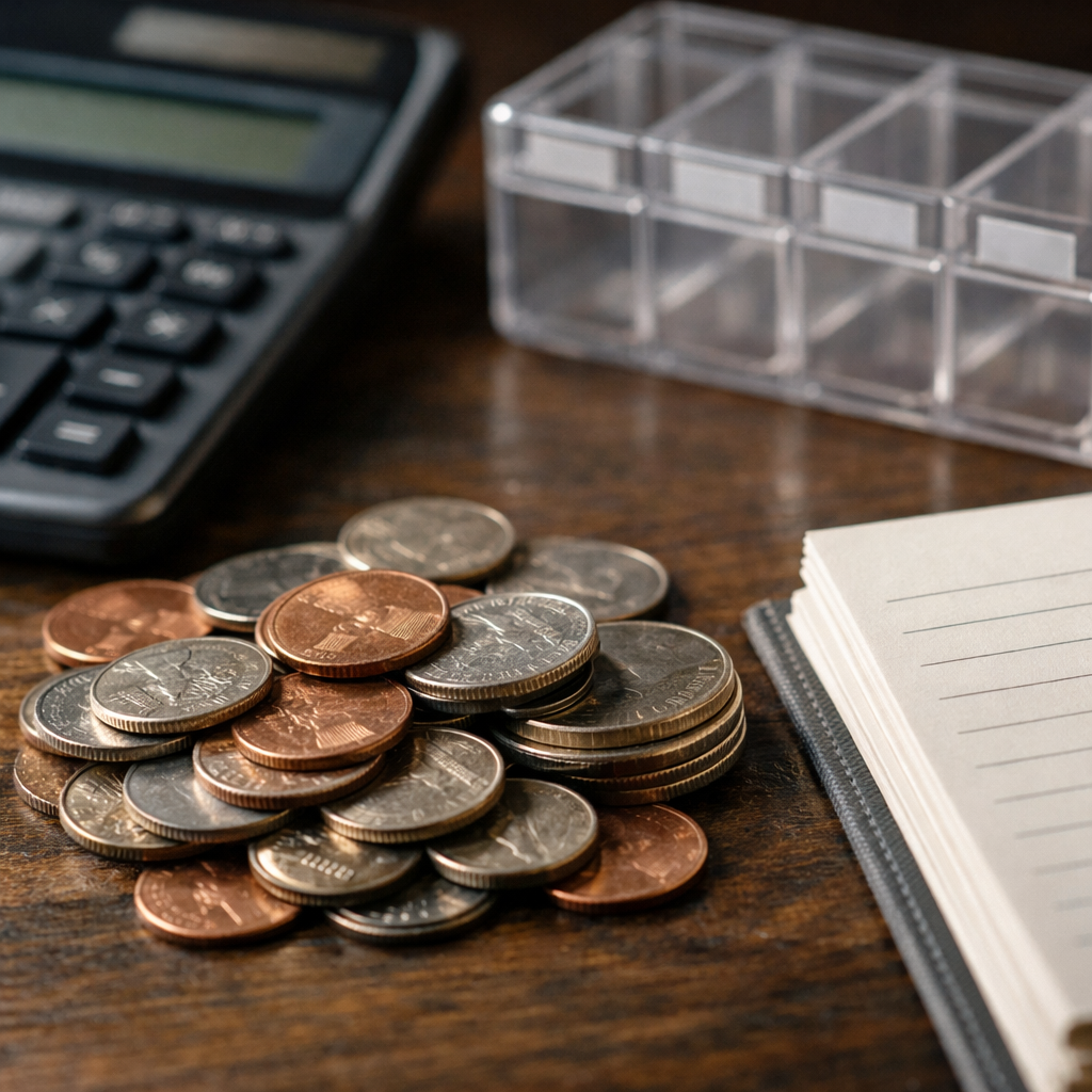 Cost breakdown for building rental software with coins, calculator, and blank budget notes